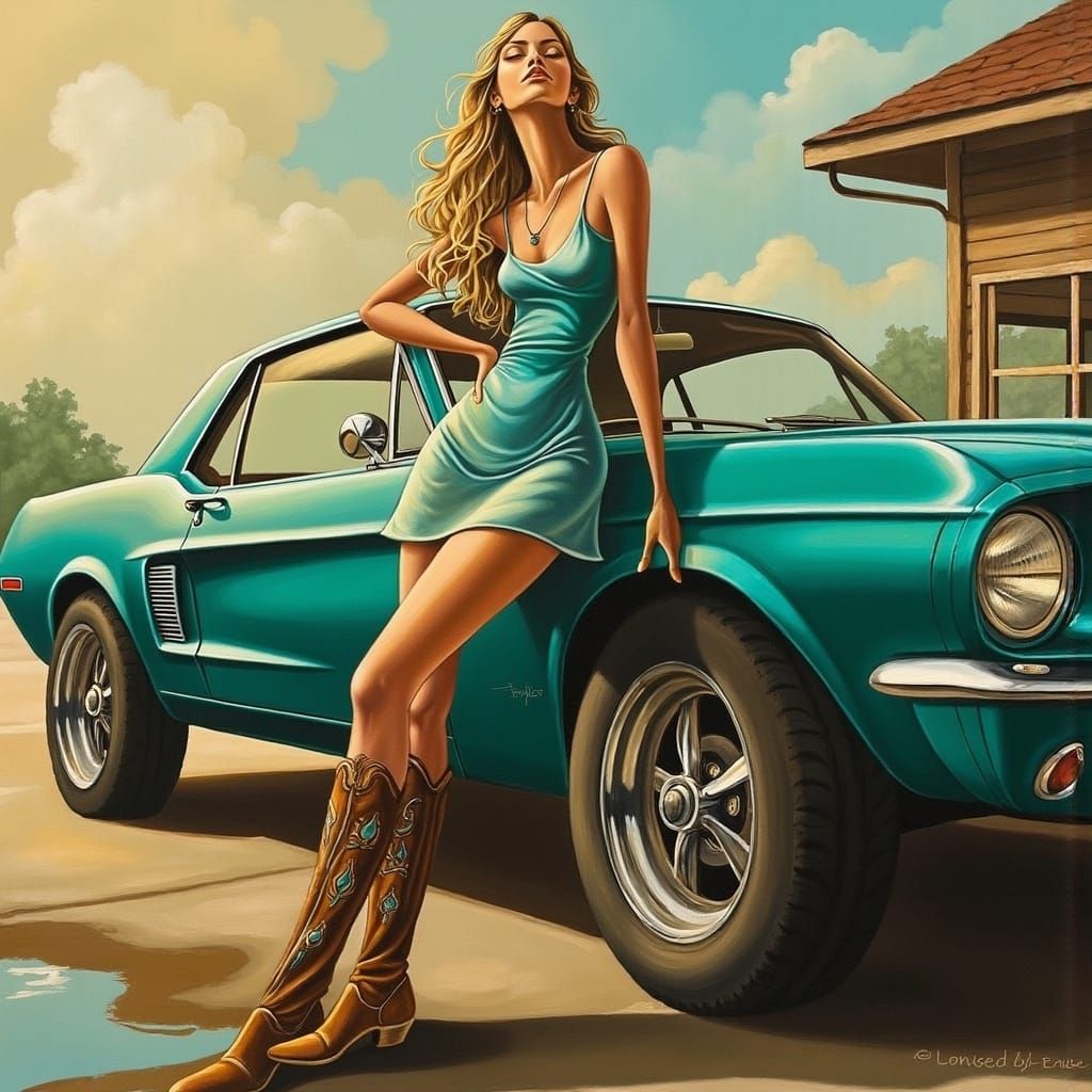 Dreamy Woman in 60s Style Leaning on Mustang