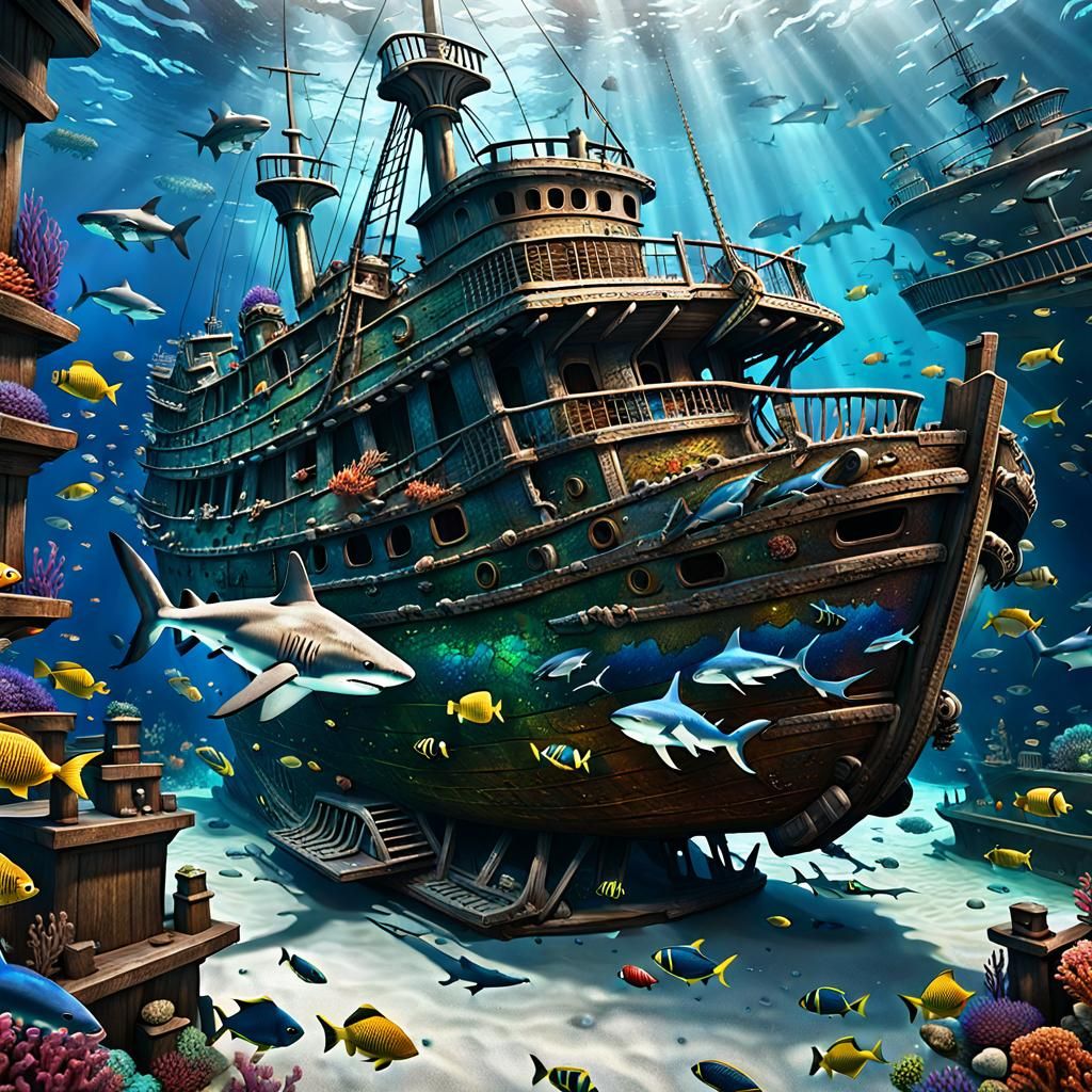 Underwater Shipwreck with Sharks and Colorful Fish