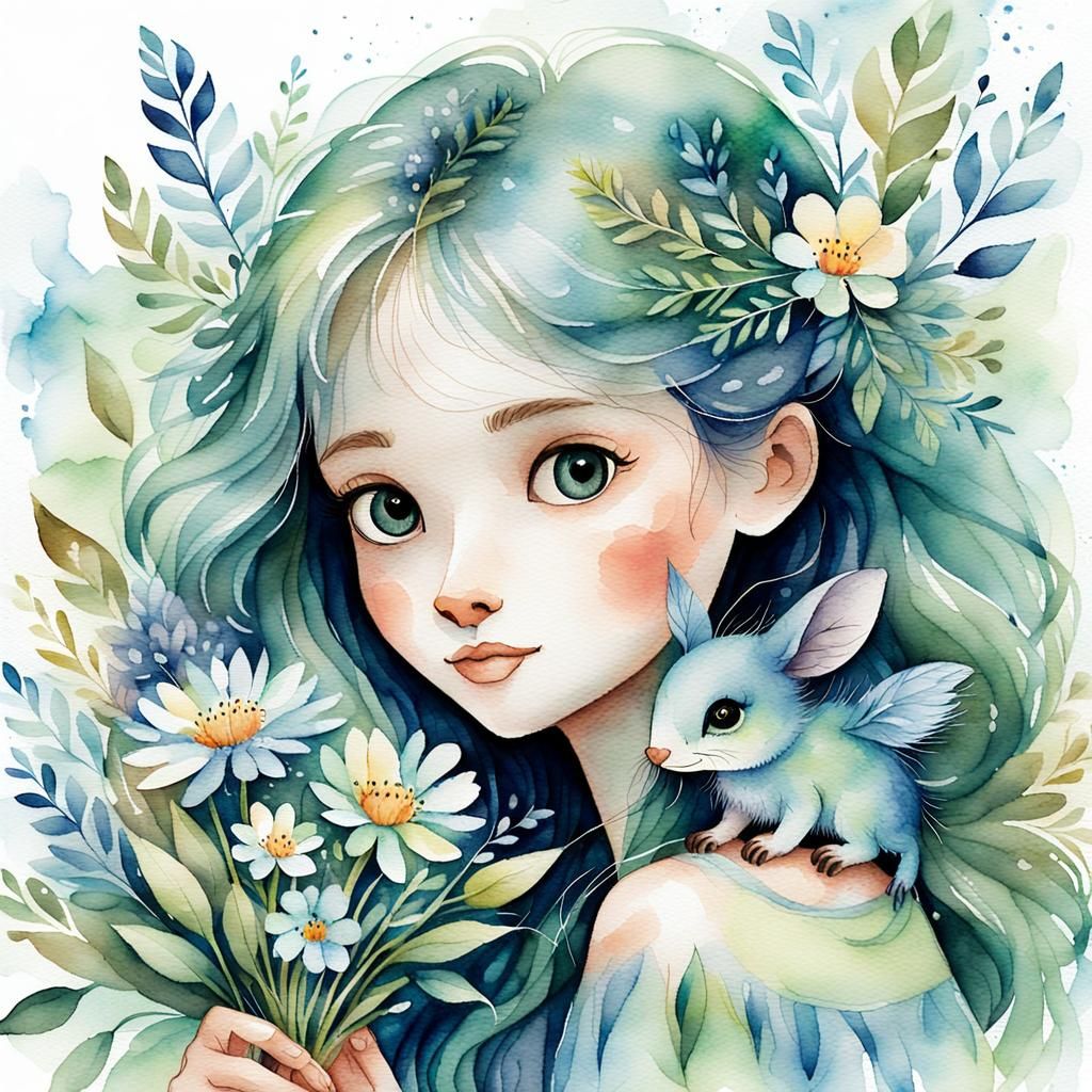 Delicate Creature with Flowers in Watercolor Style