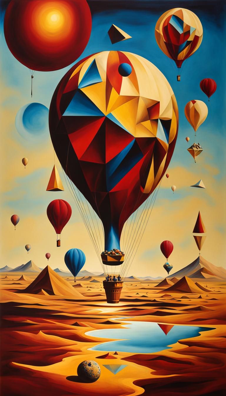 Surreal Desert Geometry with Floating Mirror Balloon