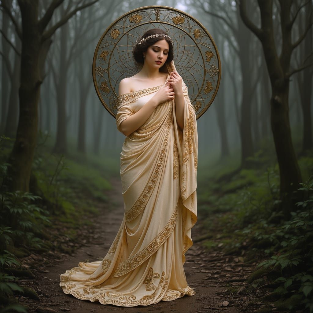 Golden Angel in Black and White Forest