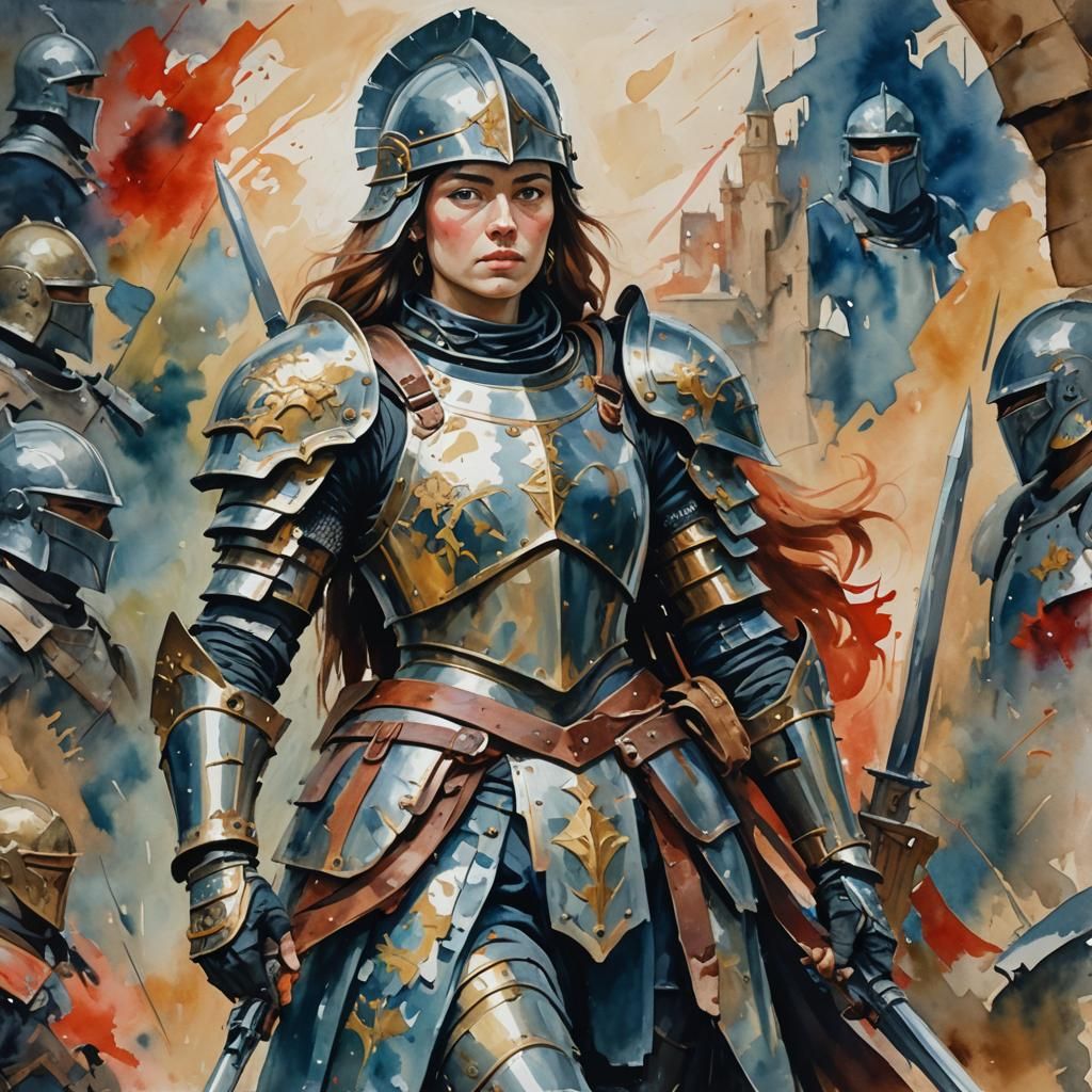 Armored Woman with Weapon in Gouache Style
