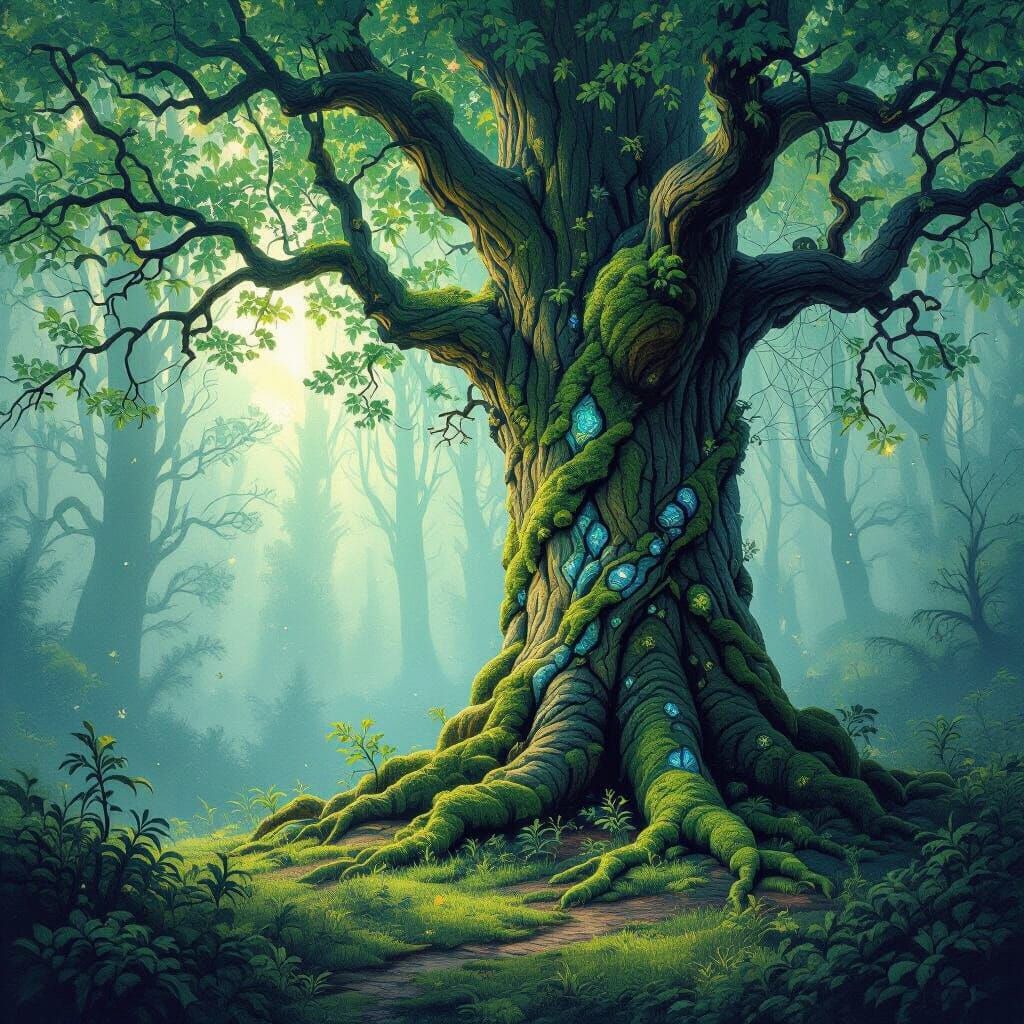 Bismuth Crystal Tree in Mystical Forest, Painterly Style