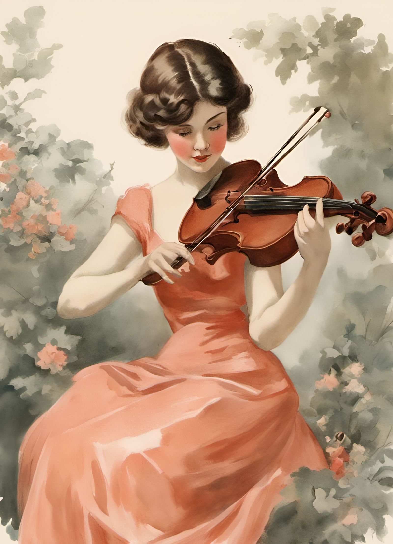 Vintage Illustration of Girl Playing Violin