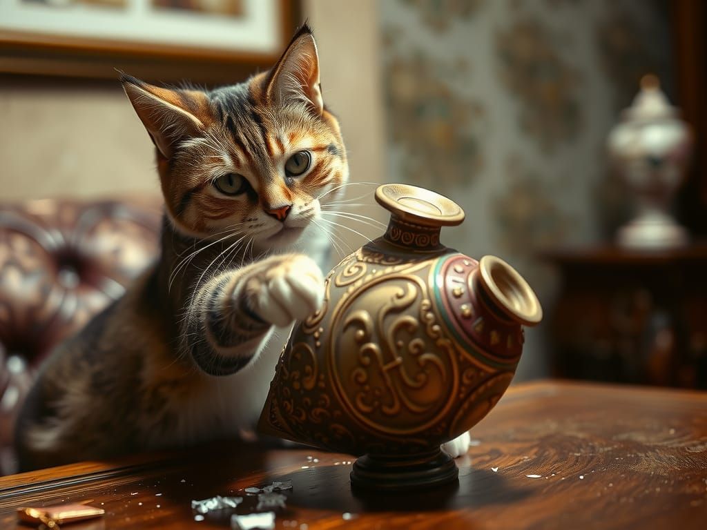 Mischievous Cat About to Break Vase