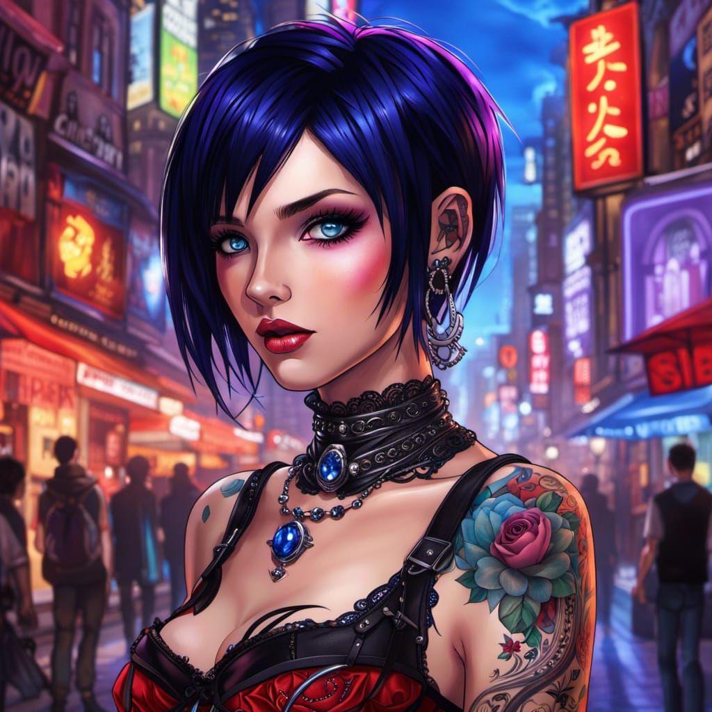 Anime Raver Goth Girl in City Street