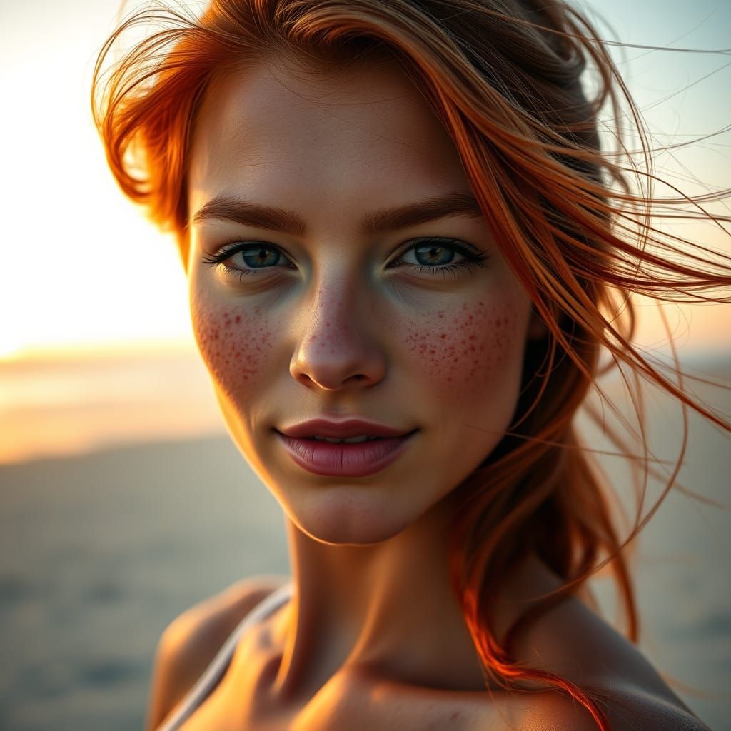 Stunning Redhead Portrait on Beach at Sunset