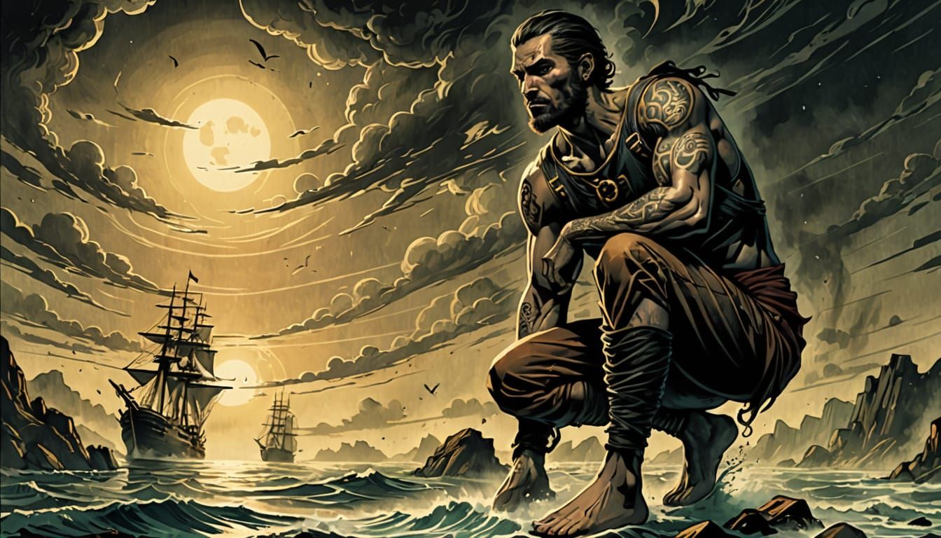 Mysterious 18th Century Sailor in Cinematic Dark Ink Tattoos