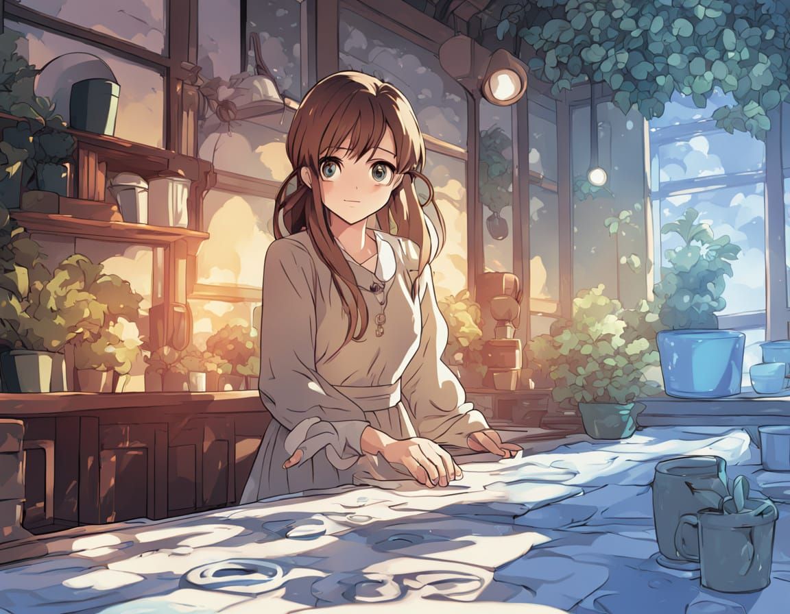 Anime Girl in Blue Dress in Sunlit Garden