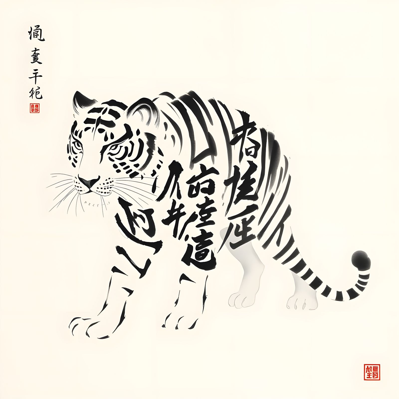 Calligraphic Tiger Constructed from Sumi-e Ink