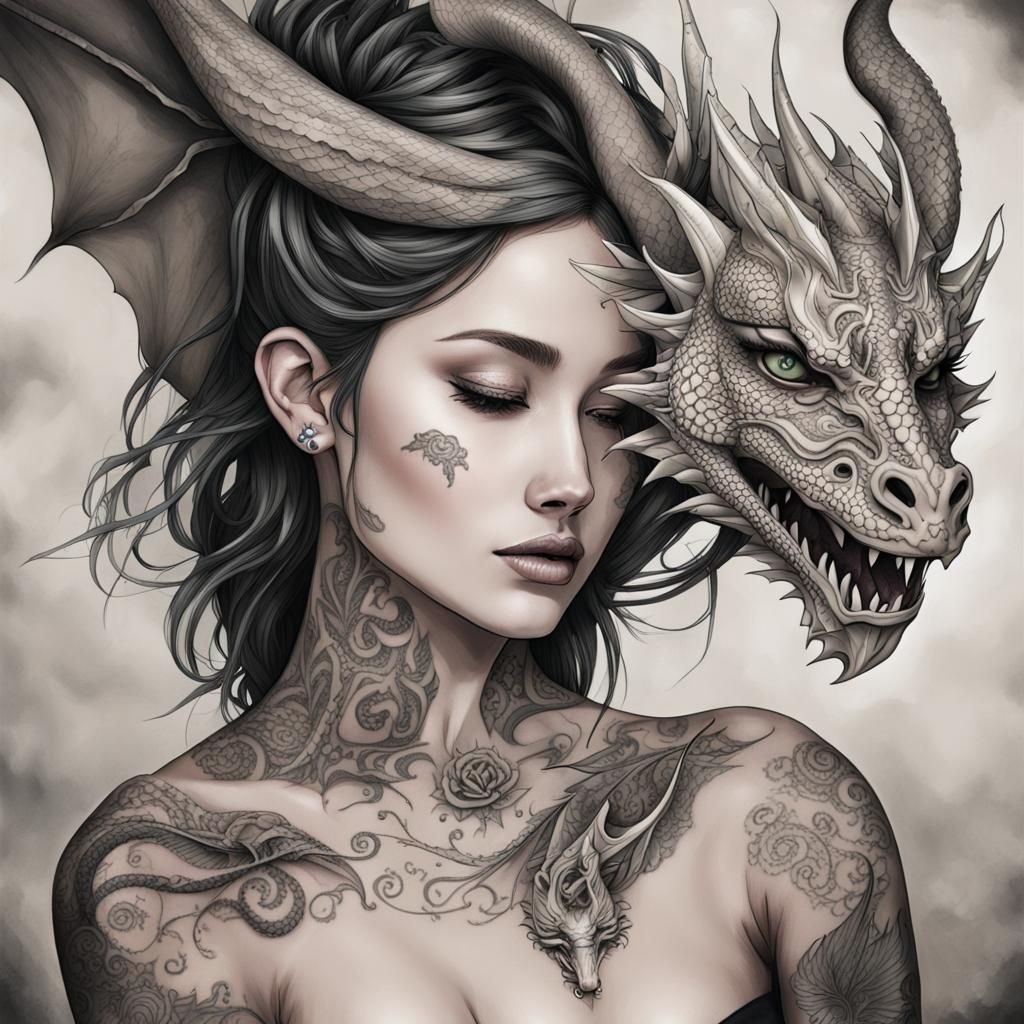 Dragon Tattooed Beauty: Striking AI Portrait