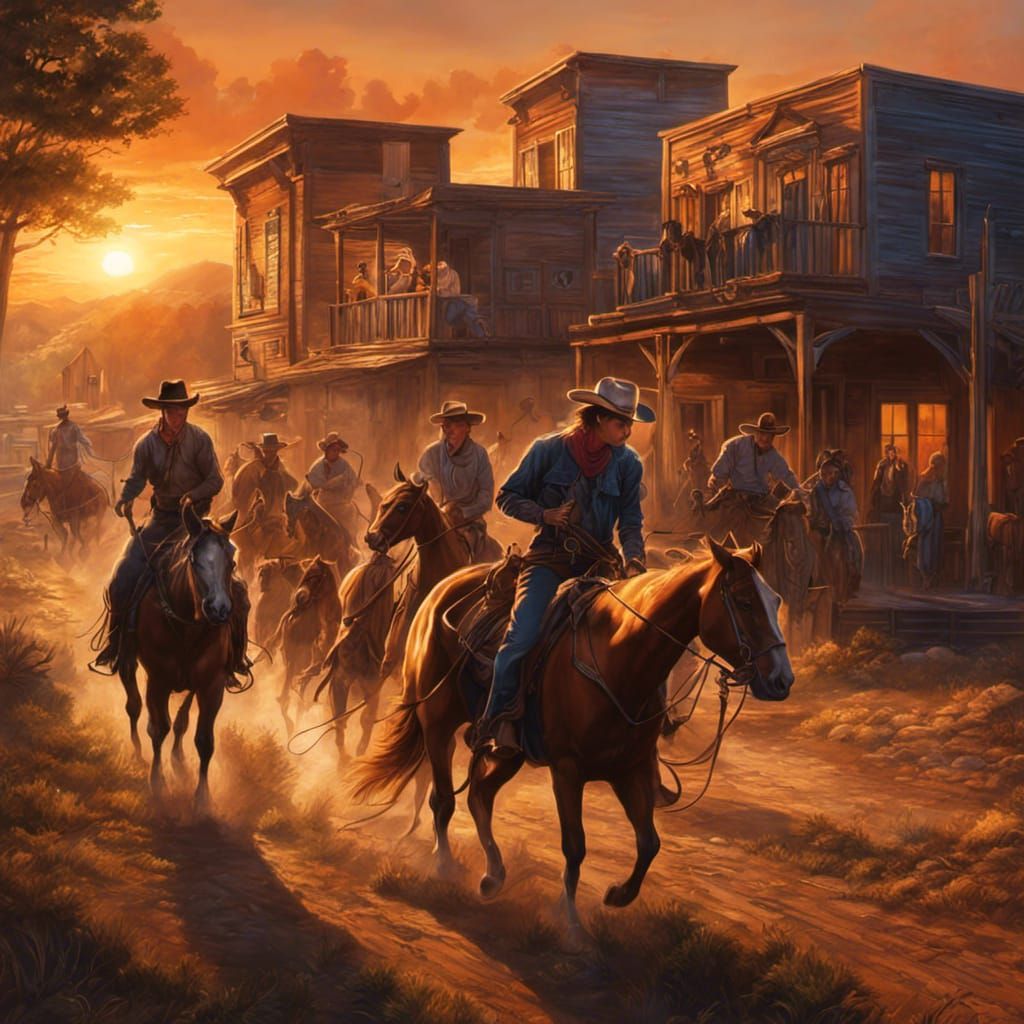 Cowboys Roping Cattle at Sunset in Hyperrealism
