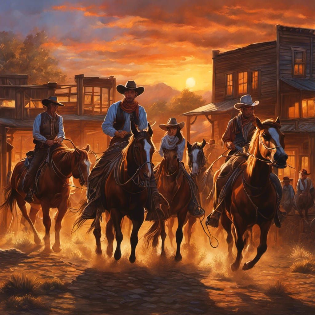 Cowboys and Cowgirls at Sunset: Hyperrealistic Western Scene