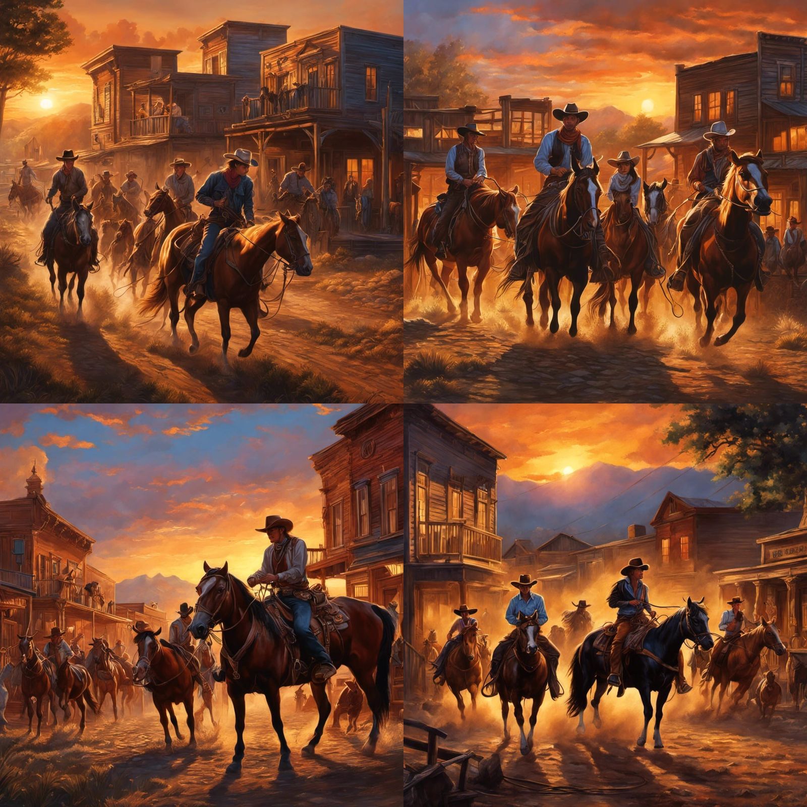 Hyperrealistic Western Sunset Scene with Cowboys