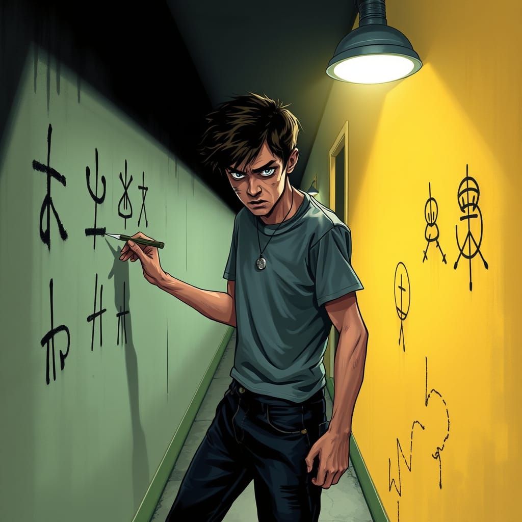 Young Man Scratches Symbols in Distorted Corridor