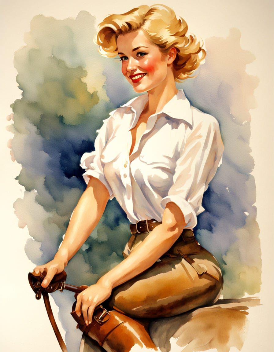 Vargas-Inspired Watercolor Portrait of a Smiling Woman