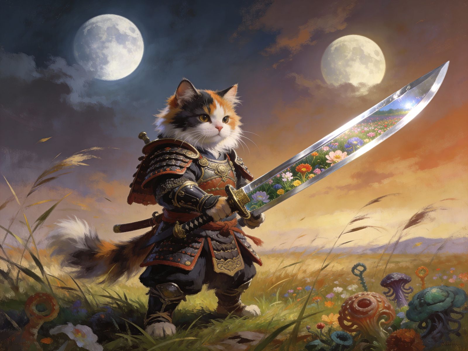 Calico Cat Samurai Warrior with Katana