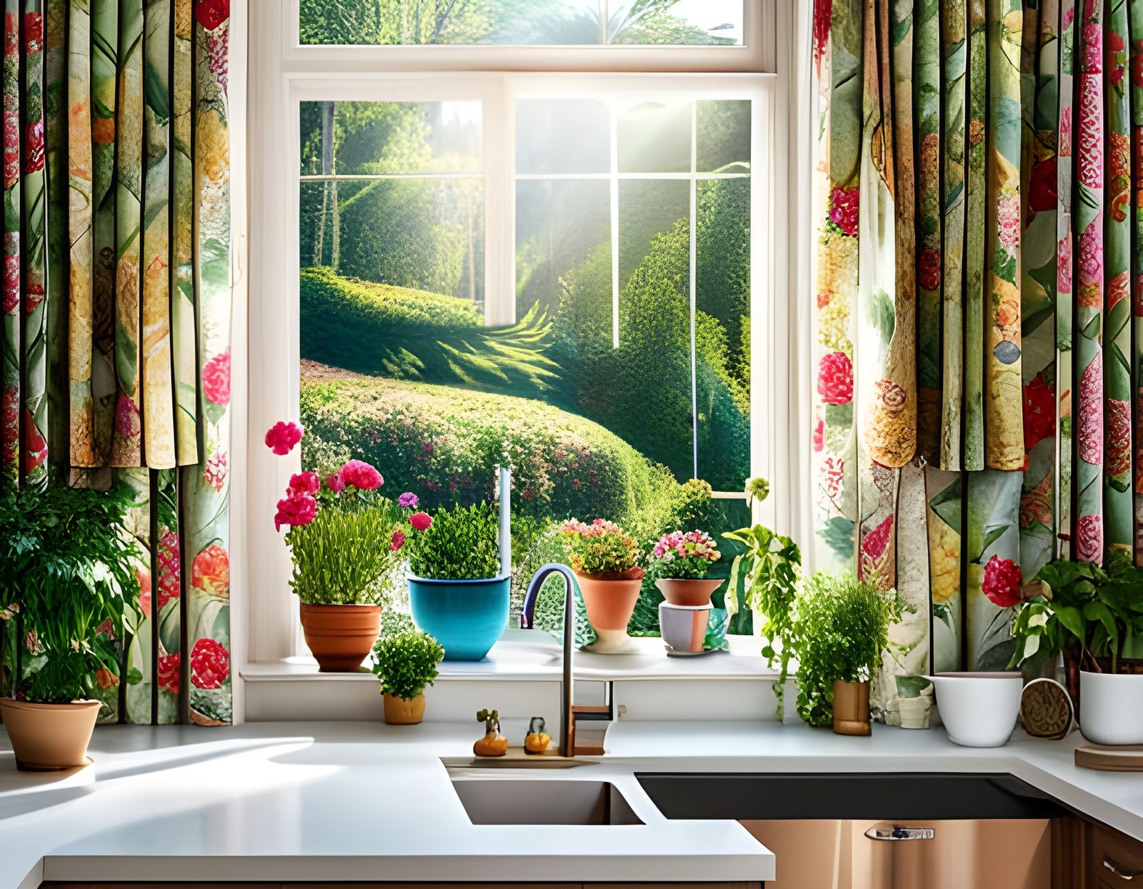 Cottagecore Kitchen with Floral Wallpaper and Potted Plants