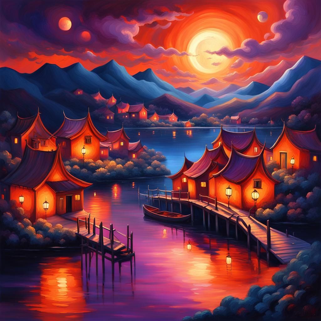 Enchanting Lake Village Under Fiery Moonlight