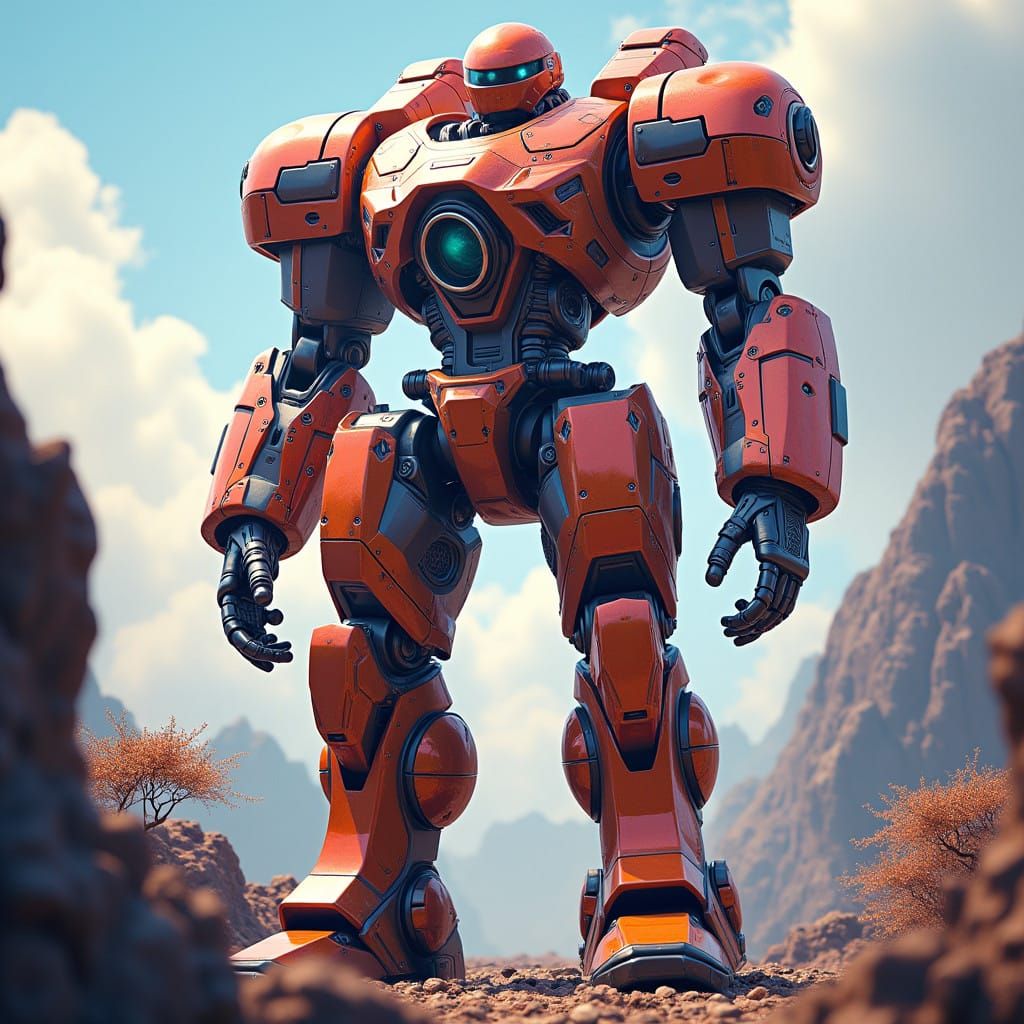 Cyberpunk Mecha Sculpture in Neon Reflections