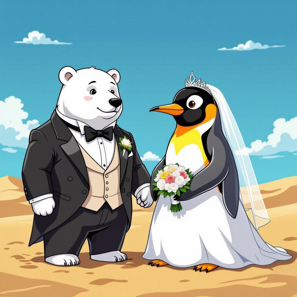 Cartoon Polar Bear and Penguin Wedding in Saharan Oasis