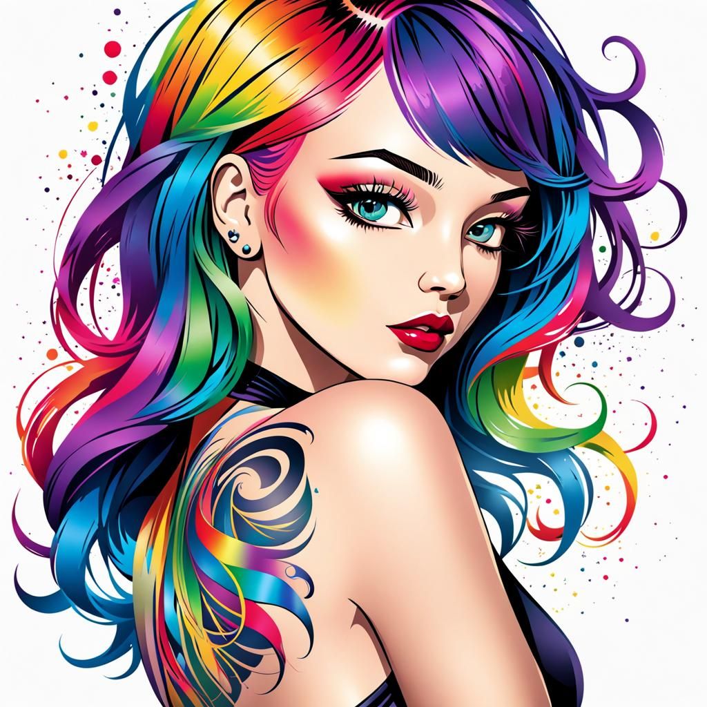 Silkscreen Beauty Model with Rainbow Hair and Tattoos