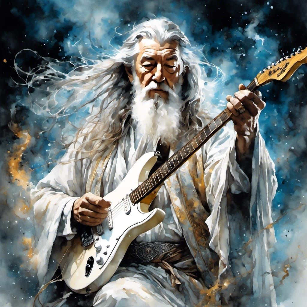 Gandalf Plays Electric Guitar in Digital Art