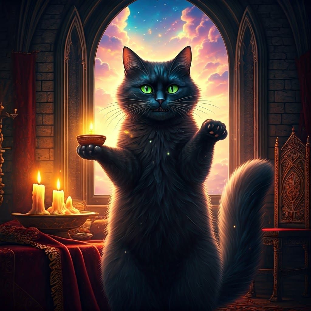 Sleek Black Cat Levitates Amidst Iridescent Rainbow Glitter