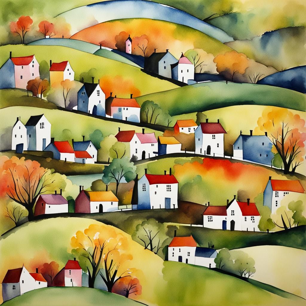 Wonky Watercolor Spring Village, Abstract Art Style