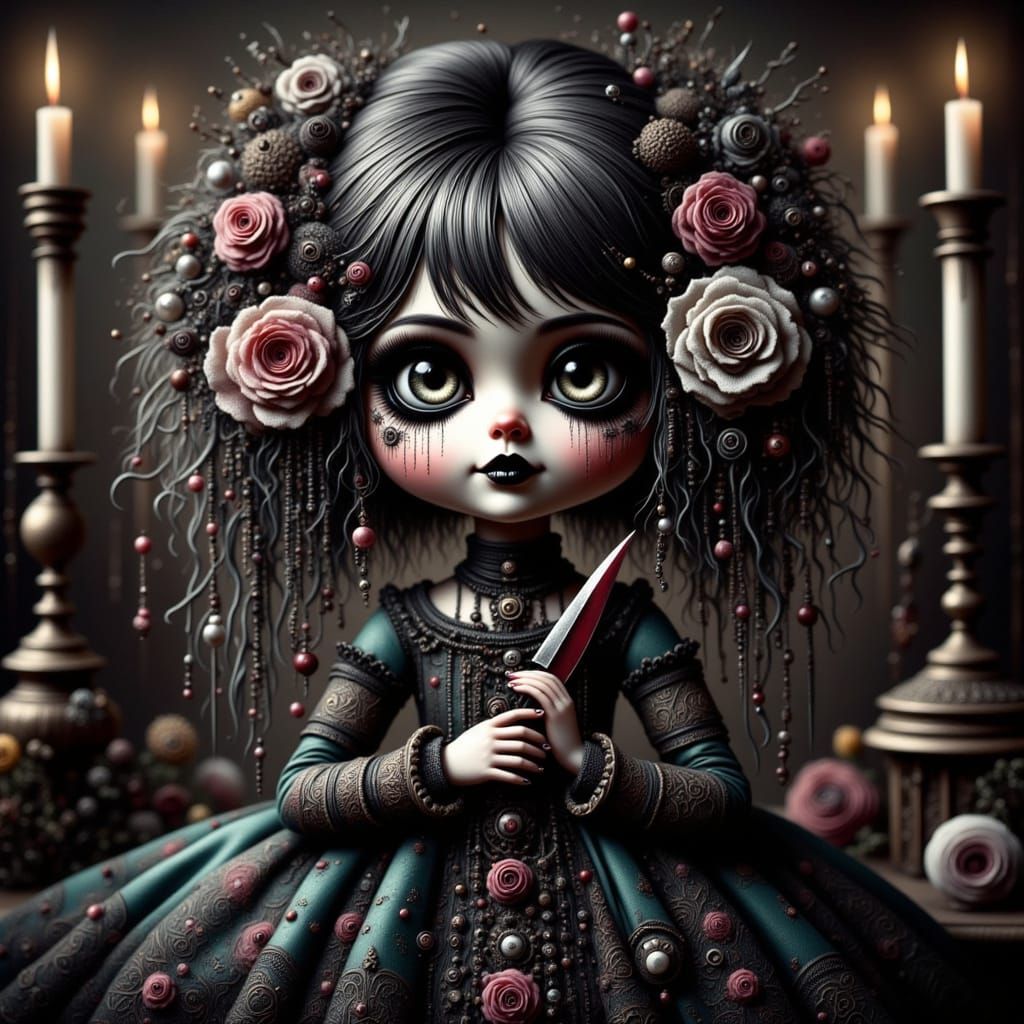 Creepy Goth Doll Wields Bloody Knife