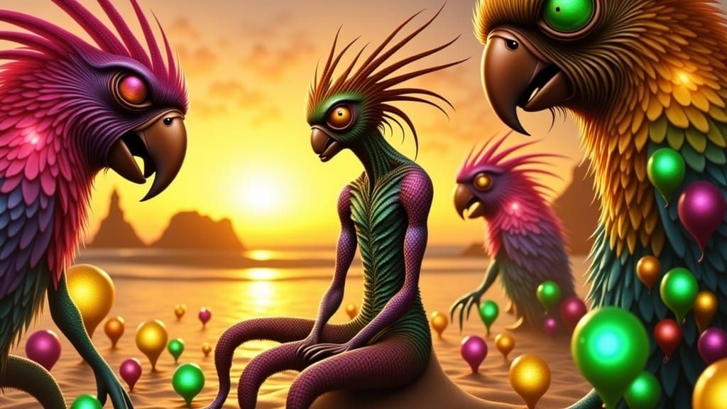 Alien Pirate on Rainbow Parrot, Surrealist Dreamscape