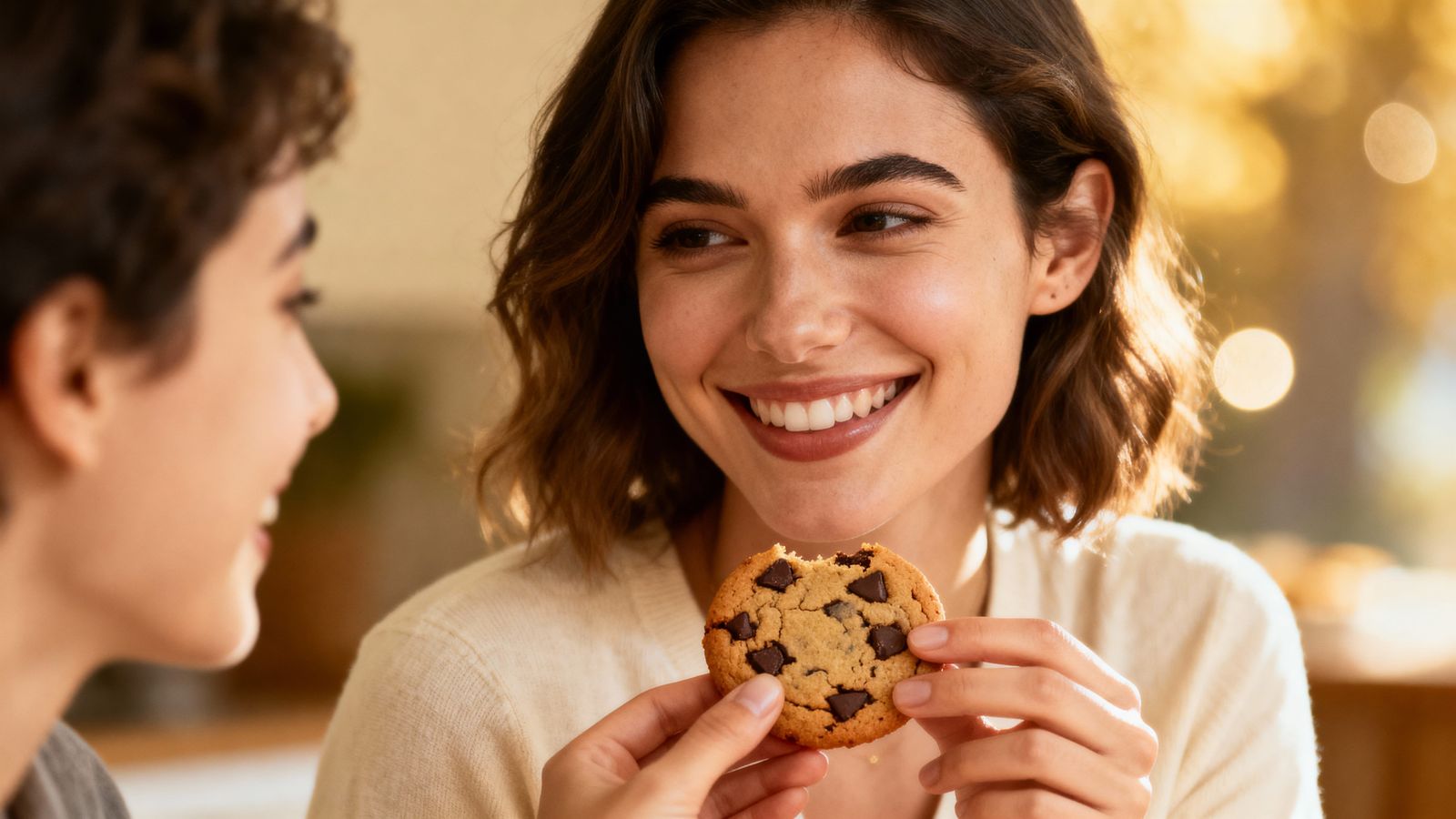 Woman Shares Vegan Cookie in Soft Natural Light