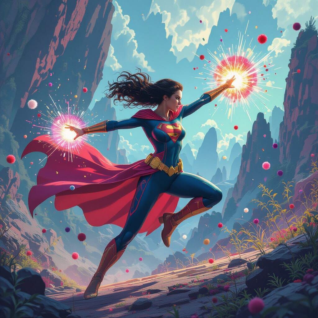 Superhero Action Scene in a Matte Painting Style