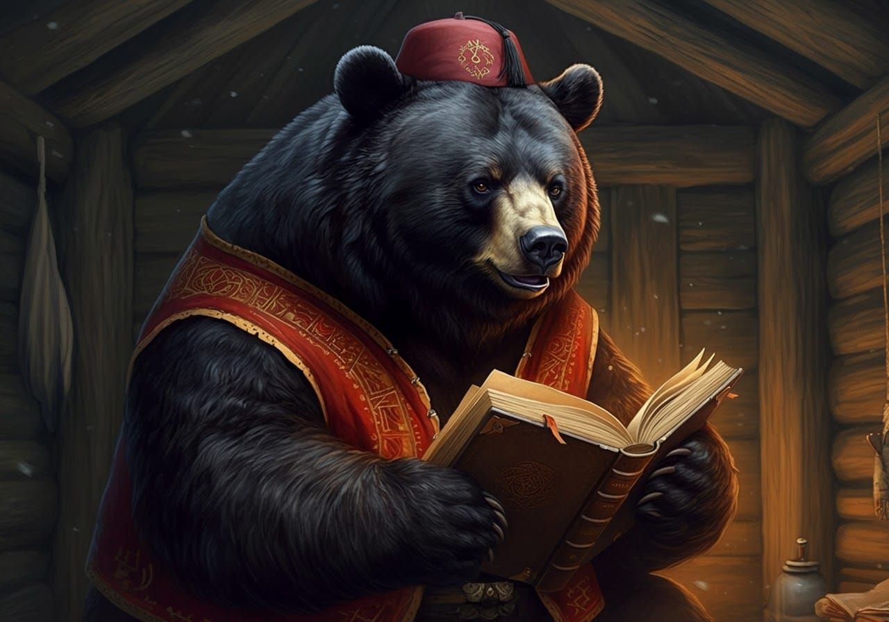Bear Reads Ancient Book in Cabin, Moody Art