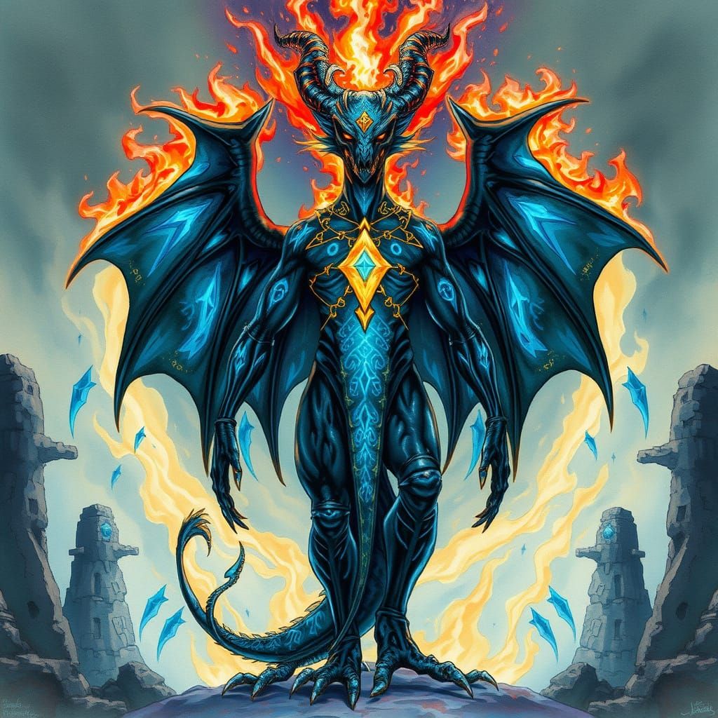 Fire Elemental Guardian in Watercolor Style