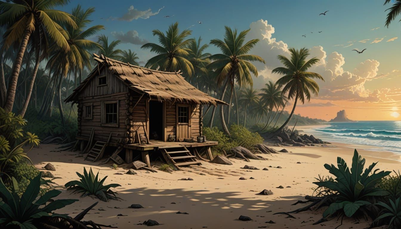 Survivor's Cabin on Tropical Beach, Illustration