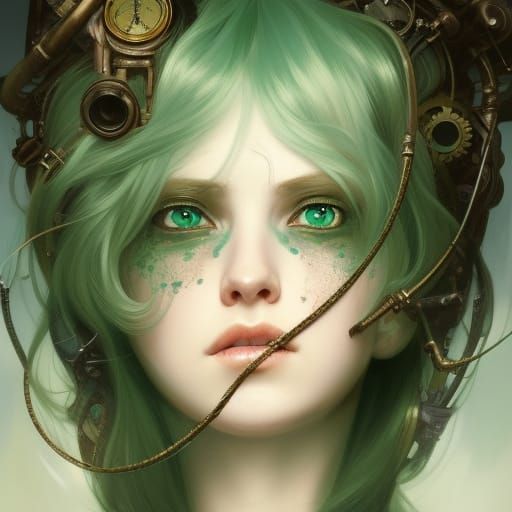 Steampunk Portrait of Emerald Haired Figure