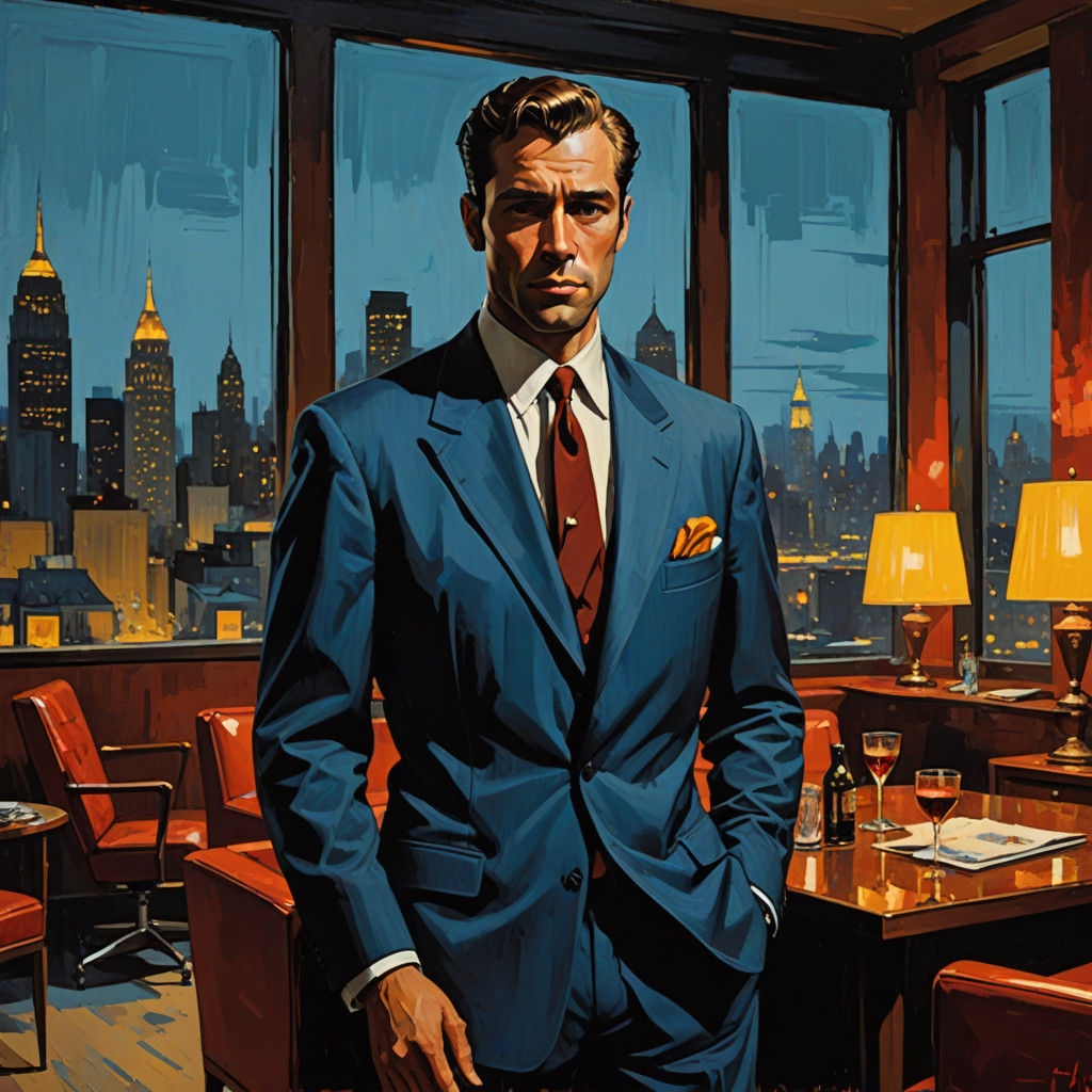 Sophisticated 1950s Spy in Tailored Suit, Holding Martini