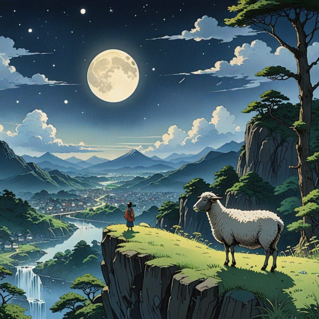 Ethereal Moonlit Mountain Scene with Majestic Sheep