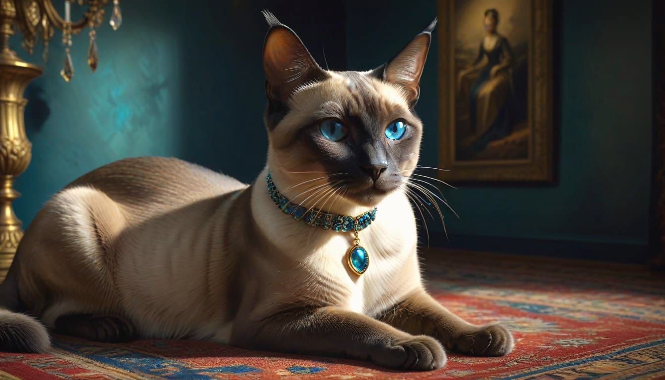 Siamese Cat Prowling in Opulent Oil Painting