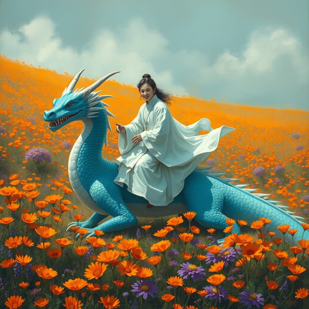 Riding a Pearl Dragon in Fields of Flowers
