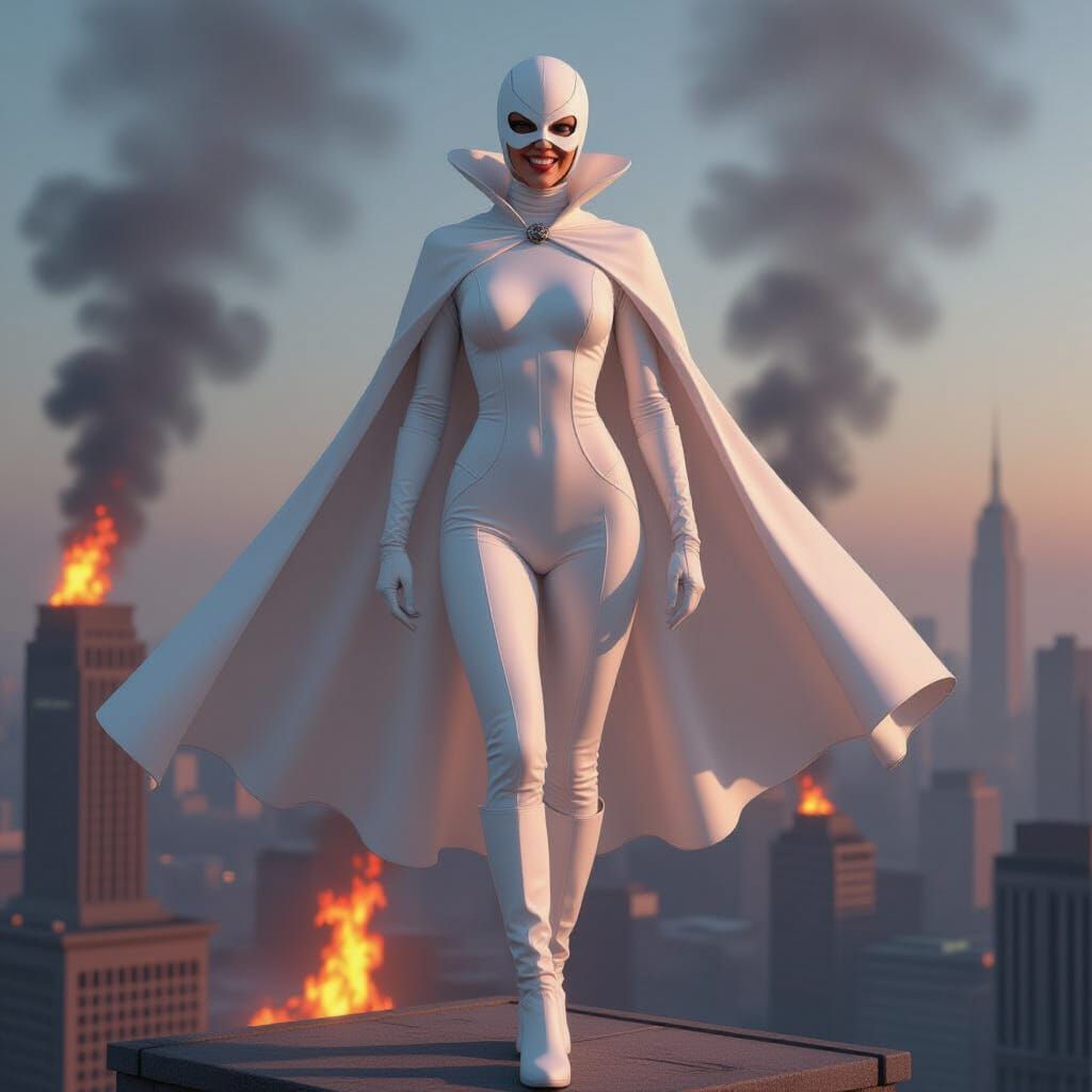 Triumphant Supervillainess Against Burning Cityscape