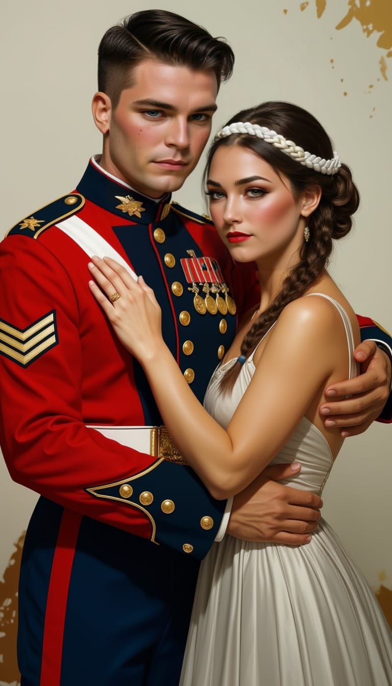 Marine Band Member in Formal Tunic Embraces Partner