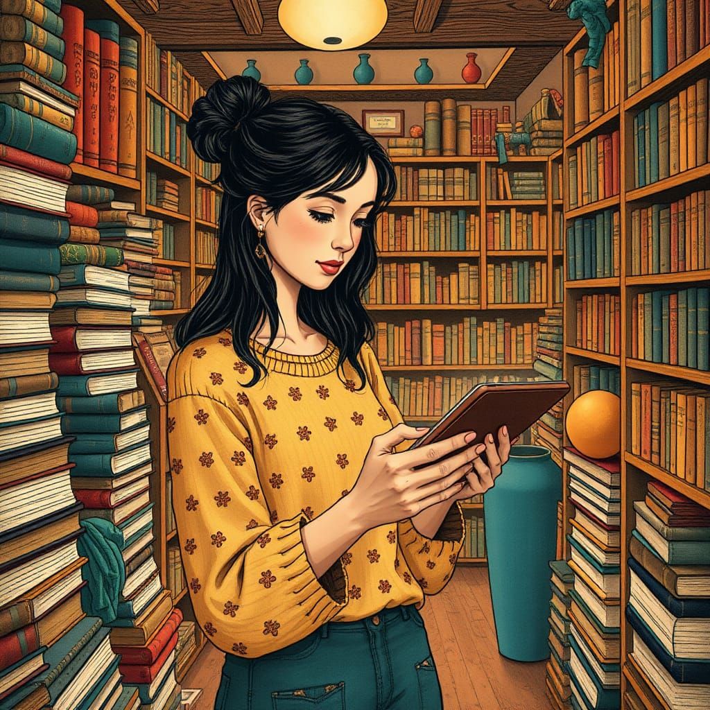 Digital Bookstore Scene in Folk-Art Style