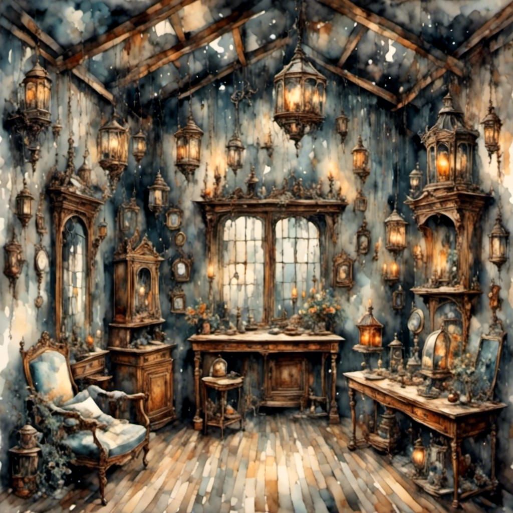 Beautiful Moody Gothic Cottage Room in Watercolour