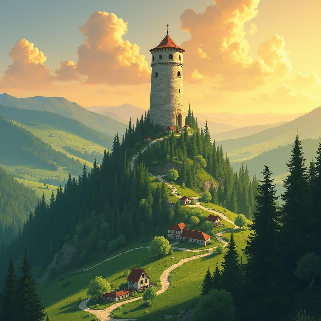 Stone Tower at Sunset in Whimsical Landscape