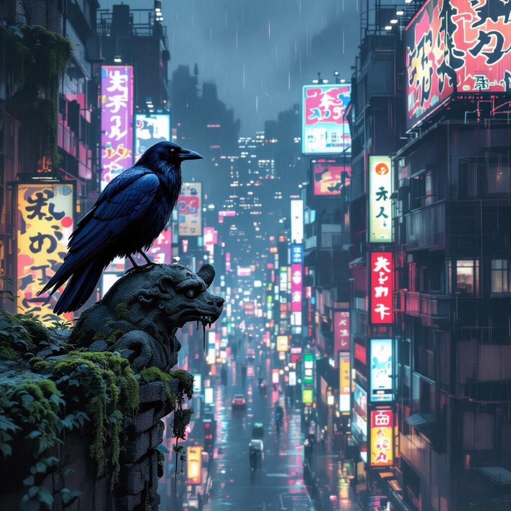 Raven on Gargoyle Overlooking Neon Tokyo Street
