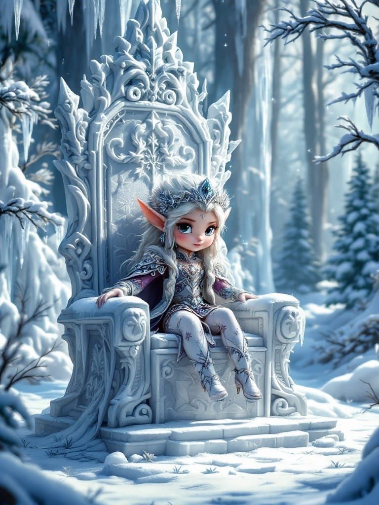 Whimsical Winter Princess in Exquisite Attire on Majestic Th...