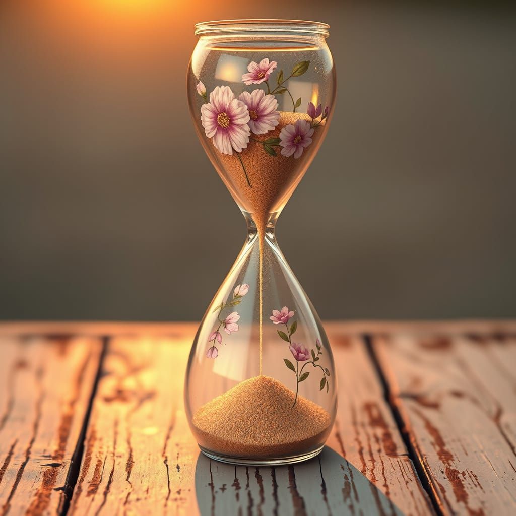 Delicate Crystal Hourglass with Whimsical Florals in Soft Pa...