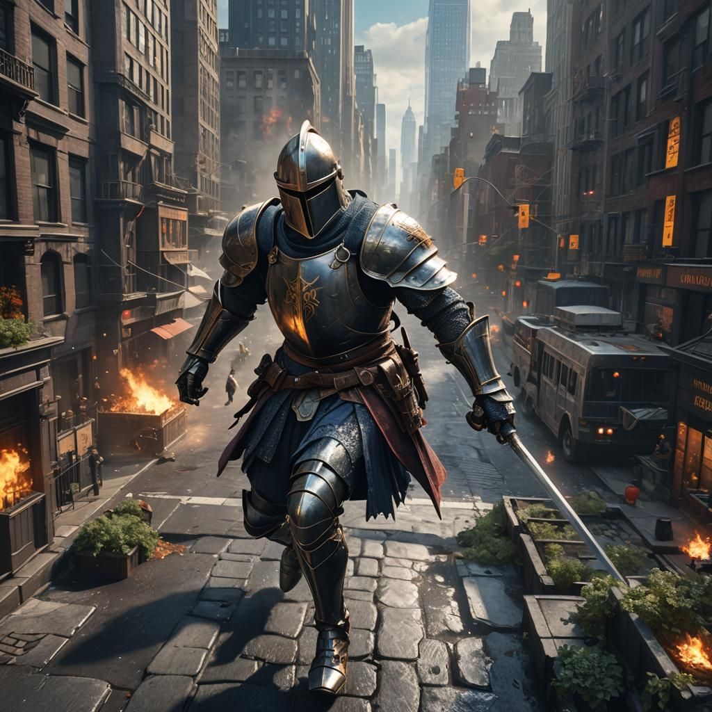 Medieval Knight Runs Through Modern New York